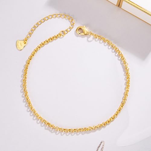 Dankadi Women 925 Sterling Silver Anklets Bracelet Men Simple Chopin/Box Chain/Twist Rope Chain Summer Beach Foot 24k Gold Plated Jewelry Gift - color: Rolo Chain Gold, size: 27cm