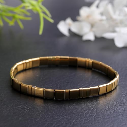 Tila Flat Beaded Stretch Bracelet for Women,Bohemian Friendship Bead Bracelets Handmade Stack Boho Jewelry Accessory for Everyday Wear, Vacation and Friend Gifts - color: gold