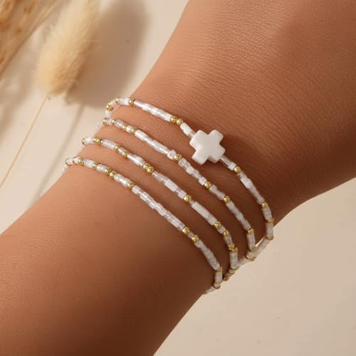 Gold Colorful Beaded Cross Bracelet Stack Set for Women,Handmade Bohemian Seed Beads Stacked Bracelets Fashion Holiday Jewelry Gift - color: White