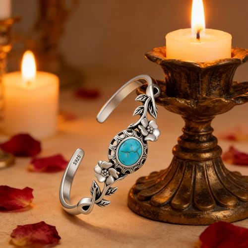 Genuine Turquoise Bracelet Cuff Bracelet for Women Mom 925 Sterling Silver Natural Turquoise Bangles Vintage Bracelet Boho Jewelry for Birthday Christmas Mother's Day Valentine's Day - style: Flower