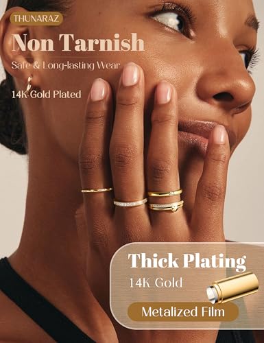 THUNARAZ 9Pcs Gold Stackable Rings for Women Non Tarnish Open Adjustable 14K Gold Plated Rings Trendy Stack Cubic Zirconia Thin Thumb Ring Set Minimalist Dainty Statement Band Ring - color: Gold Tone