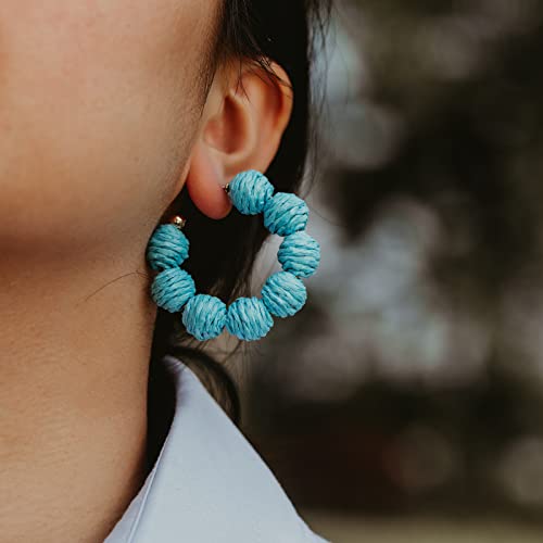 Raffia Hoop Earrings Statement Boho Beaded Earrings Cute Rattan Handmade Colorful Jewelry for Women Unique Summer Outfits - color: Blue