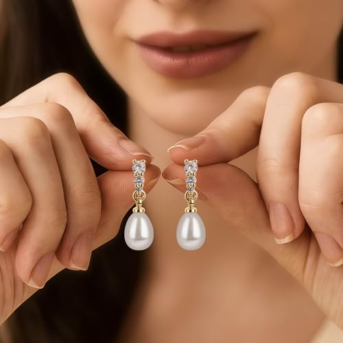 Pearl Earrings for Women, 14k Gold Plated Trendy Diamond Pearl Drop Earrings Hypoallergenic Dainty Bridal Gifts Wedding jewelry for Women - color: C—Silver