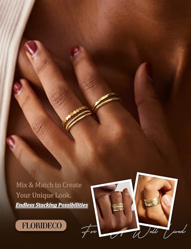 Florideco 14K Gold Plated Stackable Rings for Women Non Tarnish Thin Dainty Ring Set Minimalist Stacking Thumb Rings Statement Pinky Engagement Ring Promise Wedding Bands for Women Size 5-10 - color: 14K Gold Plated