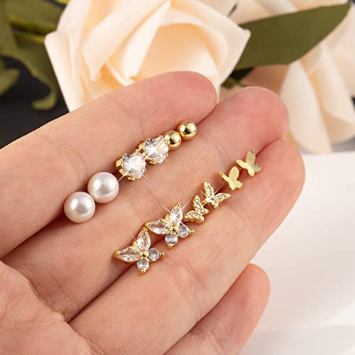BOUTIQUELOVIN 14K Gold Stud Earrings Set for Women, for Multiple Piercing Silver Plated Studs Earrings and Zirconia Earring Set Small Huggie Hoop Chain Earing - color: 6Pairs Gold C