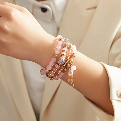 FUTIMELY Bohemian Crystal Beaded Bracelets Set for Women,Dainty Handmade Multilayer Colorful Charm Bracelet Beaded Stackable Stretch Bracelet Jewelry - color: Pink
