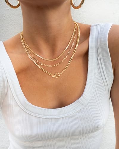CHESKY Layered Necklaces for Women, 14K Gold Plated Chain Necklace Women Trendy Cuban Link Paperclip Chain Toggle Clasp Necklace Fashion Chunky Jewelry for Women - style: chain3-gd
