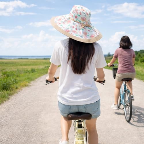 Wide Brim Sun Hat for Women Reversible Beach Hats Metal Wired Edge Gardening Hats, UPF 50+ Bucket Summer Hat - color: Khaki