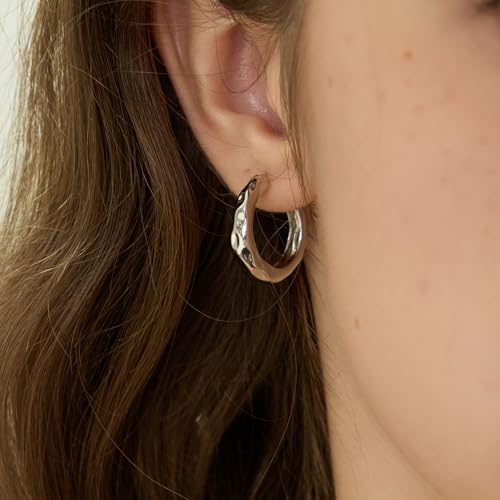 ARSIS Mix & Match 18K Gold-Plated Hoop Earrings for Women, Hypoallergenic, 925 Sterling Silver Posts, Organic Textured Design, Lightweight Hoops in Gold/Silver/Rose Gold, Jewelry Gift for Her - color: Silver-20mm, size: 20mm