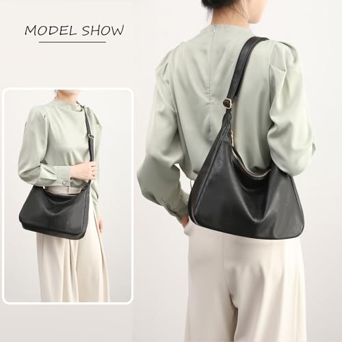 Hobo Bags for Women Foldable Vegan Leather Shoulder Handbag Slouchy Tote Crossbody Purses - color: Black