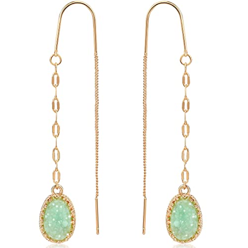 Simulated Druzy Threader Earrings for Women - Gold, Silver, or Rose Gold Tone Long Chain Earrings with Boho Created Geode Stone - color: Gold - Aqua Stone