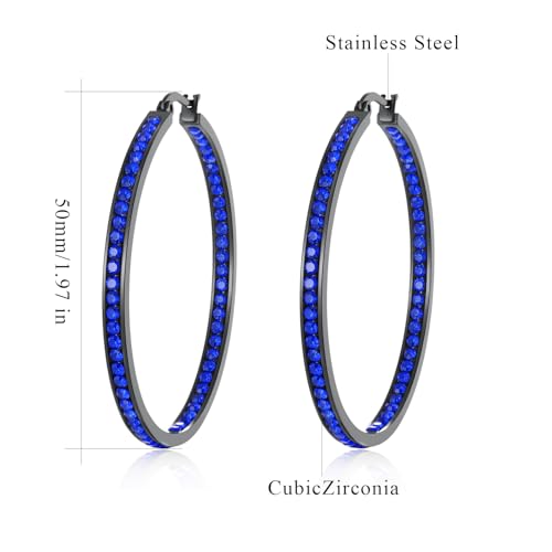 CiNily Mult-colors Crystal Stainless Steel Hoop Earring for Women Hypoallergenic Jewelry for Sensitive Ears Large Big Hoop Earrings 2" - color: Black Gold-Dark Blue