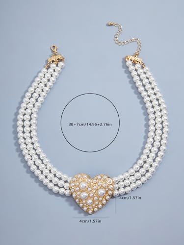 Bethynas Boho Layered Pearl Rhinestones Choker Necklace Vintage Chunky Pearl Crystal Pendant Short Necklace Chain Bridal Prom 1920s Costume Party Jewelry for Women - color: Pearl 7 - heart
