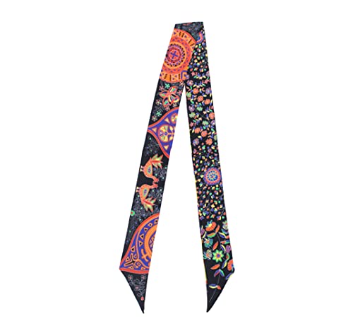 JERLA 100% Mulberry silk Scarf bag scarf Head Hair Ribbon Handbag Handle wrap Tie Bundle Neckerchief Scarf for women - color: Flower Black