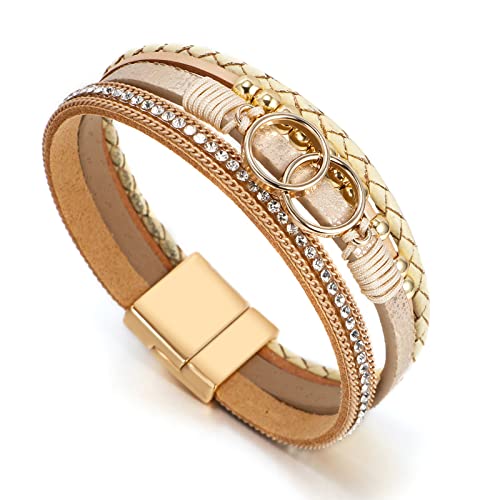 Fesciory Leopard Bracelet for Women, Boho Leather Wrap Multi-Layer Pearl Crystal Bracelet Bangle Jewelry - style: Double Circle(Khaki)
