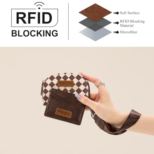 Wrangler KeyChain Wallet Checkered Wristlet Wallets for Women Western Dual Pouch Wristlet Credit Card Holder Wallet - color: Checkered Coffee