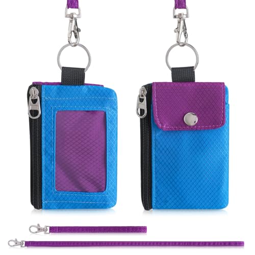 Artpaxy Minimalist Wallet For Mens Womens, Keychain RFID Blocking Zipper Small Wallet with ID Window 2 Lanyards,Water Resistant Travel Cash Card Coin Case Boys Girls - color: Sky blue+Purple, style: Casual
