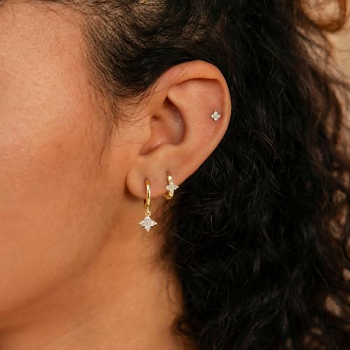 3 Pairs Small Earring Stacks, 14K Gold/Silver/Black/Rose Gold Plated Pearl Heart Butterfly Star Diamond Charm Drop Huggie Earrings Trendy Jewelry Gift for Women - color: Gold-Clover