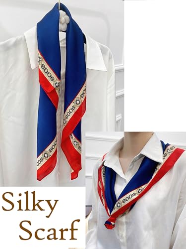 Silky Scarf for Women Lightweight Satin Bandanas Neck Hair Wrap For Sleeping Head Scarves 27.5" - color: A14 Blue & Chain/27.5"