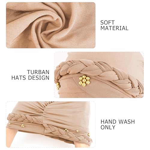 African Women Turban Caps Pre-Tied Twisted Turbans Head Scarf for Women Hair Wraps Cover Beanie Cancer Chemo Headwear - color: 1 Pack Twisted Braid: Gold Bead Khaki