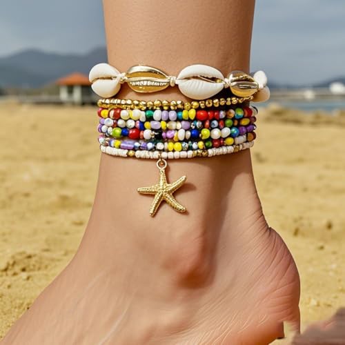 Mermaid Starfish Anklet Bracelets for Women Bohemian Beaded Anklet Adjustable Rice Bead Anklets Bracelet Handmade Woven Hawaiian Beach Seashell Pearls Waterproof Anklets Summer Beach Mermaid Jewelry - color: Color