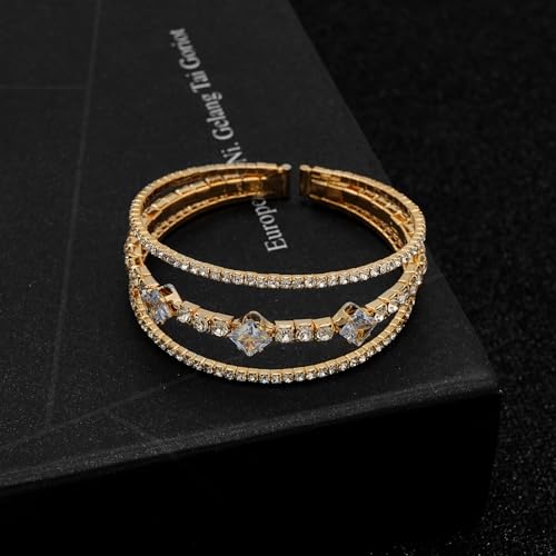 Women's Multi-Layer Rhinestone Cuff Bracelet Sparkling Crystal Tennis Bangle for Bridal Wedding Party - color: 1146 Gold