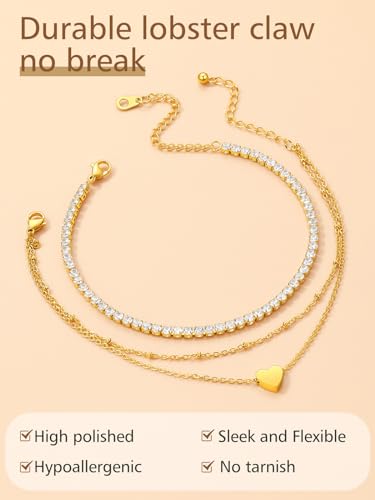 FindChic Black/Silver/Gold Plated Anklets Set of 2PCS/3PCS Herringbone Chain Cuban Link Heart Charm Sparkling Tennis Ankle Bracelets, Waterproof Summer Foot Jewelry for Beach - color: 05. Gold-2PCS Tennis & Beaded Heart