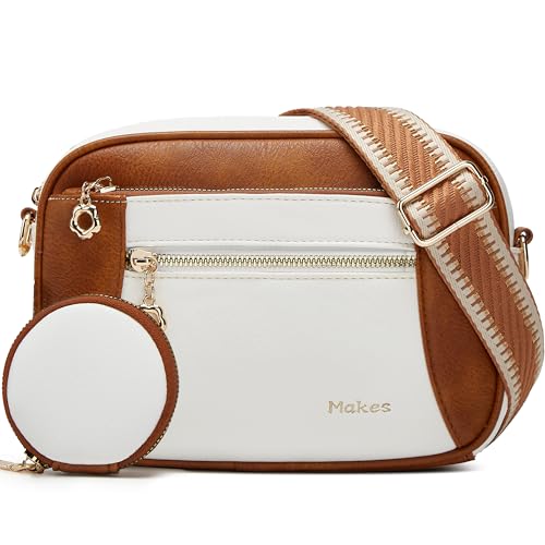 Crossbody Purse for Women Small Crossbody Bags Trendy Vegan Leather with Adjustable Shoulder Straps Gift for Mother Wife Mom - color: Brown With Beige Minimalism Upgrade