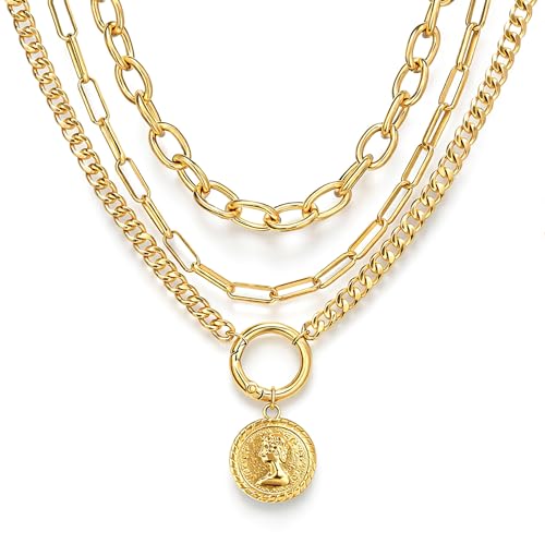 iF YOU Vintage Gold Layered Necklaces for Women Trendy, Chunky Cuban Link Paperclip Chains Necklace Stack, Coin Pendant Necklace Set Jewelry Gifts - style: Chunky gold coin paperclip