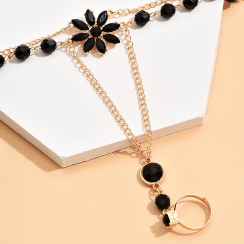 Hand Chain Bracelets for Women Elegant Gemstone Flower Hands Harness Bracelet Adjustable Finger Ring Bracelet Hand Chain Wrist to Finger Hand Jewelry Gift for Women - color: Black
