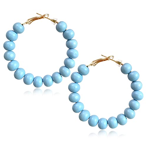 Handmade Nature Wooden Beaded Hoop Earrings Bohemian Minimalist Colorful Circle Round Wood Bead Earrings Vintage Chic Wooden Ethnic Dangle Drop Earrings for Women Statement Jewelry Gifts - color: Light Blue
