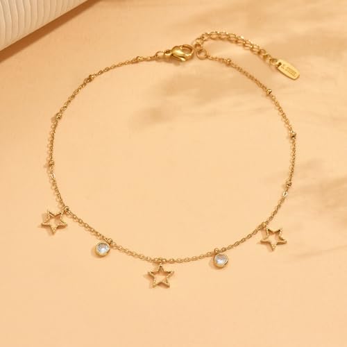Gold Ankle Bracelets for Women 18K Gold Plated Waterproof Starfish Sea Shell Pearls CZ Diamond Dangle Anklets Trendy Summer Beach Foot Chain Jewelry Gift - style: Star CZ Drop-Gold