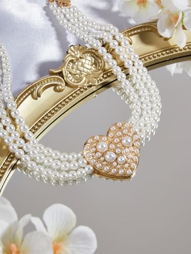 Bethynas Boho Layered Pearl Rhinestones Choker Necklace Vintage Chunky Pearl Crystal Pendant Short Necklace Chain Bridal Prom 1920s Costume Party Jewelry for Women - color: Pearl 7 - heart