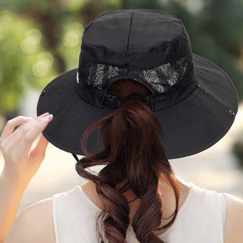Womens Summer Sun Hat Beach Hat Wide Brim Outdoor UV Protection Hat Packable Mesh Bucket Hat with Ponytail Hole - color: Solid Black