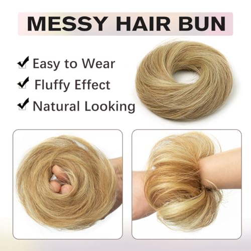 Human Hair Bun Extensions, Messy Bun Hair Piece, Soft Fluffy Elastic Scrunchie, 30s Easy Updo for Women & Kids, Ideal for Daily Wear, Ballet, Dance & Office Use (Honey Highlights Golden) - color: Honey Golden Highlights, size: 4 Inch