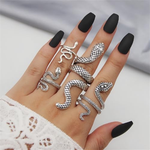 4Pcs Vintage Snake Knuckle Rings for Women,Retro Cool Snake Rings Boho Stackable Midi Cuff Rings Adjustable Animal Ring Set Fashion