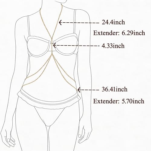 Gold Waist Chain for Women - 14K Gold Plated Body Chain Jewelry for Women Sexy Bikini Adjustable Festival Top Belly Chains Beach Trend Jewelry - color: Chest Chain-Layered
