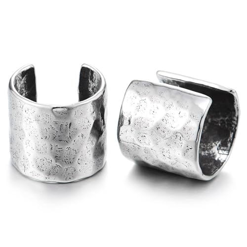 Stainless Steel Ear Cuffs for Men and Women, Hammered Texture Wide Band, Non-Piercing Fake Earrings, Antiqued Silver Tone Jewelry, Gift for Him