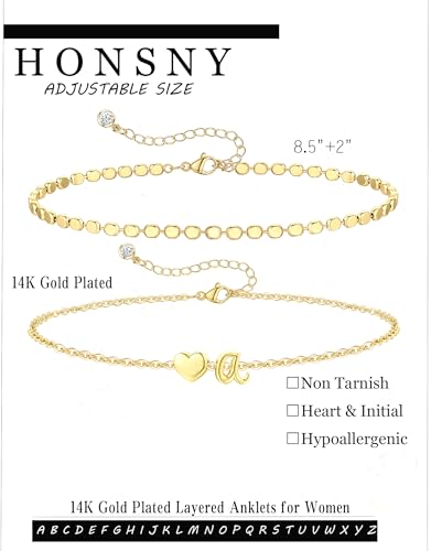 Honsny Initial Ankle Bracelets for Women Waterproof 14K Gold Plated Layered Anklets for Women Non Tarnish Dainty Heart Letter A-Z Ankle Bracelets Handmade Adjustable Summer Beach Gold Anklet Jewelry - style: Gold K