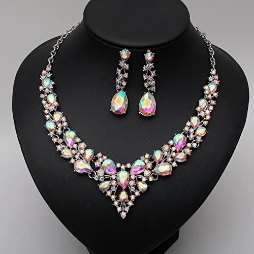 CSY 4 Pcs/Set Austrian Crystal Necklace Earrings Bracelet Ring Bridal Jewelry Sets for Brides Wedding Party Costume Accessories Gifts for Women - color: Iridescent AB Crystal - Silver tone