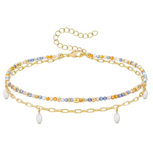 KissYan Layered Ankle Bracelets for Women, Summer Beaded Anklets Waterproof Adjustable Handmade Jewelry Gifts - color: Blue