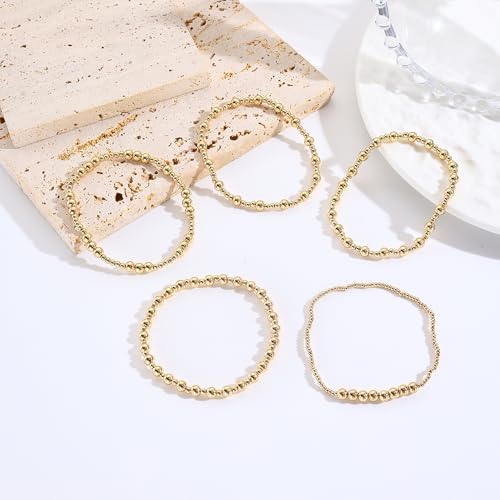 Gold Bracelets for Women 14K Gold Plated Beaded Non Tarnish Bracelets Stretch Bead Ball Bracelet Stack Set Jewelry for Gifts - color: B SET 5PC