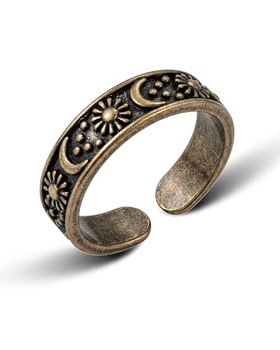 Vintage Bronze Sun and Moon Open Ring with Carving Design for Women Unique Boho Adjustable Ring for Gift - color: Bronze