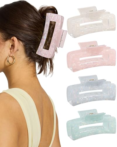 4Pcs Large Acrylic Hair Claw Clips, Nonslip Cute Hair Clips for Thick Hair and Long Hair, Rectangle Marble Claw Clips Hair Accessories for Women and Girls - color: White + Pink + Blue + Cyan