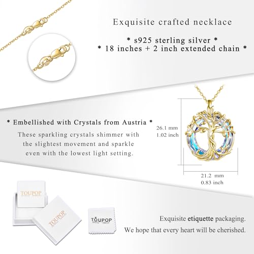TOUPOP Tree of Life Necklace Gifts for Women 925 Sterling Silver Family Tree Pendant with Crystal Birthday Irish Jewelry Gifts for Women Her Wife Mom - color: 03-Gold-White Crystal