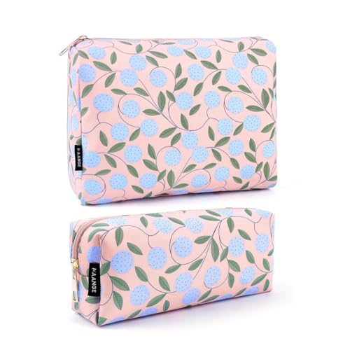 MAANGE 2PCS Makeup Bag for Women, Cosmetic Bag Set, Portable Travel Makeup Bag, Bolsa de Maquillaje, Impermeable Oxford Cloth Make Up Organizer with Gold Zipper(Pink Plants) - color: 2 PCS