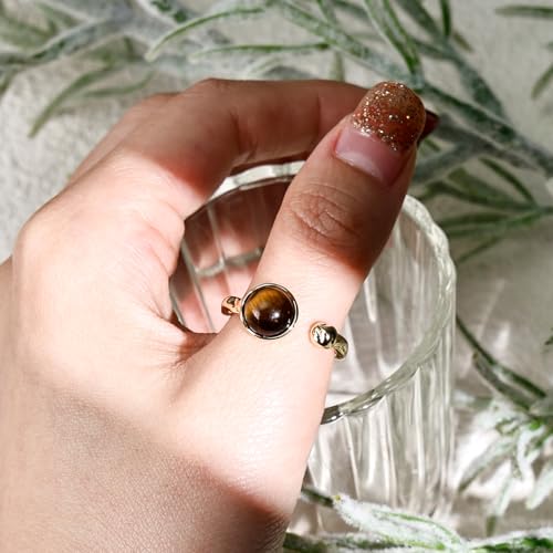 Tigers Eye Ring for Women - 14K Gold Plated Natural Gemstone Adjustable Open Ring, Double Brown Ring for Gift
