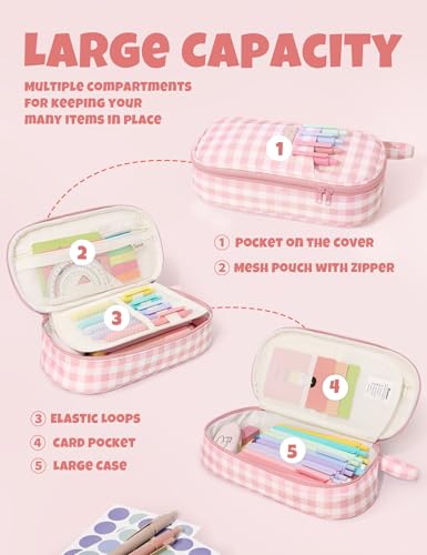 SUNEE Cute Pencil Case, Large Colored Pencil Pouch, Aesthetic Pen Bag with Zipper, Kawaii Stationery Storage and Organizer, School Supplies for Teen and Adult, Boys & Girls, Pink Checkered - color: Pink Checkered