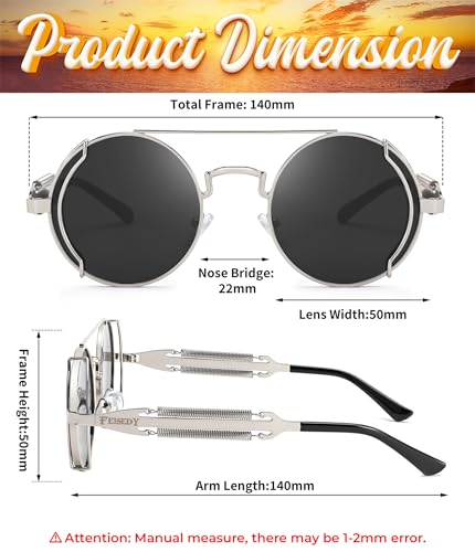 FEISEDY Aviator Sunglasses for Men Women, Retro Steampunk Gothic Round Metal Frame Hippie Glasses B2351 - color: Silver Frame With Gray Lens and Silver Leg