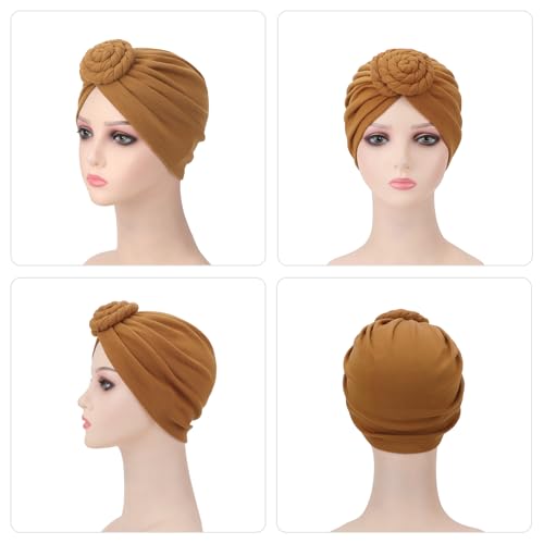 DRESHOW 5 Pack Knotted Headwraps for Women African Turban Pre-Knotted Beanie Headwraps Hair Covers - color: 5 Pcs Donut Flower: Red, Beige, Black, Brown, Light Gray